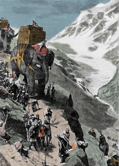 Andre puniske krig. Hæren til Hannibal Barca krysser Alpene, 218 f.Kr. Italiensk gravering fra 1800-tallet. av Unknown artist