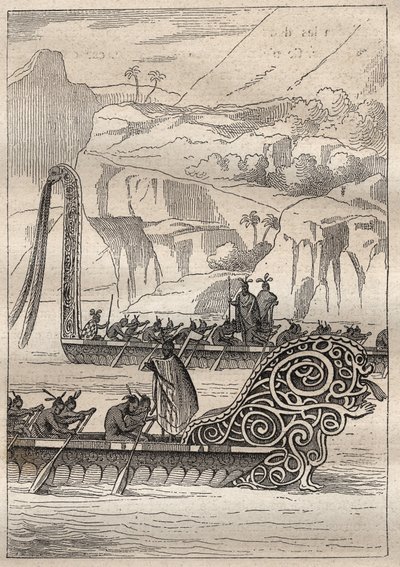 Second voyage (1772-1775) by Captain James Cook (1728-1779): Neo-Zelandans war canoes (Neo Zelandaises) - illustration taken from “” The Great Mariners of the 18th century”” av Unknown artist