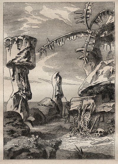 Second voyage (1772-1775) by Captain James Cook (1728-1779): monuments of Easter Island (monumental statues, moai) - illustration taken from “” The Great Mariners of the 18th century”” av Unknown artist