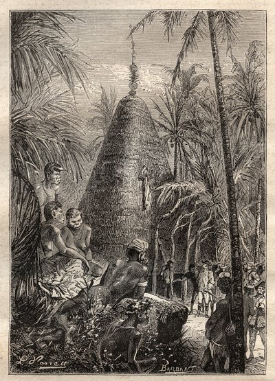 Andre reise (1772-1775) av kaptein James Cook (1728-1779): tradisjonelt sirkulært hus, på taket av en betydelig høyde (Ny-Caledonia) - illustrasjon hentet fra "The Great Mariners of the 18th century"" av Unknown artist