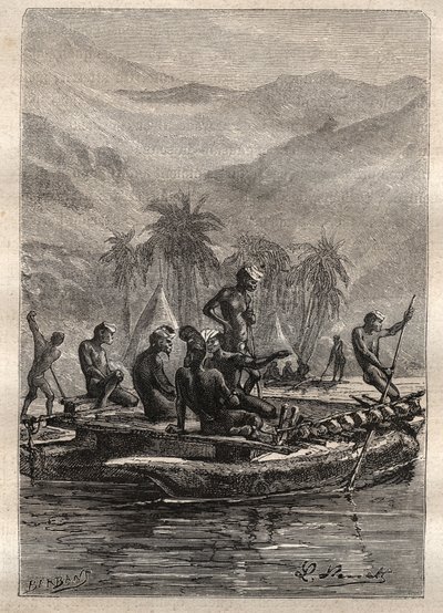Second voyage (1772-1775) of Captain James Cook (1728-1779): the natives had enough confidence to approach and exchange (New Caledonia) - illustration taken from “The Great Mariners of the 18th century” av Unknown artist