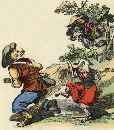 Seeing the wolf, Master Fox fled, leaving Little Chevrette in danger. Illustration of the tale “Bon medor and Little Chevrette””. In “” Tales from the home for the little ones””. Anonymous engraving of the 19th century. av Unknown artist