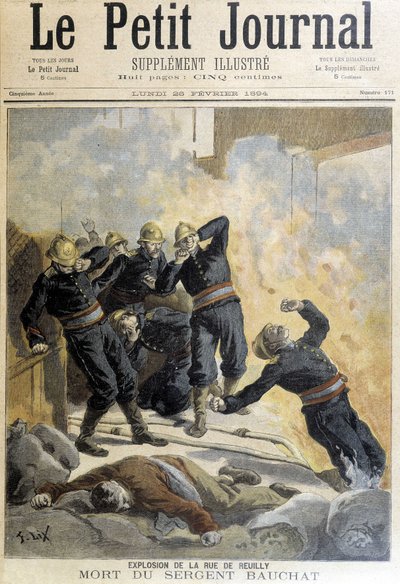 Sersjant Bauchat døde under brannmenn etter eksplosjonen av rue de Reuilly. Illustrasjon av "Little Journal" fra 1894. av Unknown artist