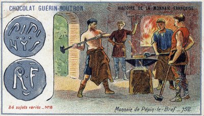 Serien History of the French Currency utgitt av Chocolat Guérin Boutron. 1800-talls kromolitografi. Pepin-valuta briefen i 752 av Unknown artist