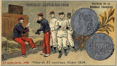Series Histoire de la Monnaie Française published by Chocolat Guérin Boutron. Chromolithography 19th century. 25 cent coin. Nickel 1904 av Unknown artist