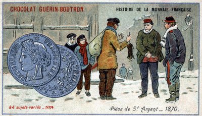 Series Histoire de la Monnaie Française published by Chocolat Guérin Boutron. Chromolithography 19th century. 5 franc silver coin in 1870 av Unknown artist