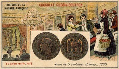 Serien History of the French Currency utgitt av Chocolat Guérin Boutron. 1800-talls kromolitografi. 5 cent bronsemynt i 1860. Napoleon III. av Unknown artist