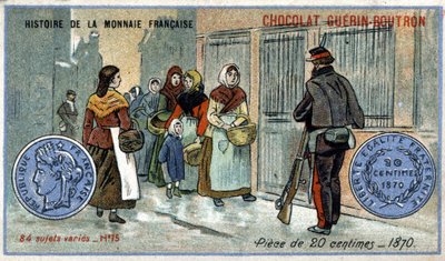 Serien History of the French Currency utgitt av Chocolat Guérin Boutron. 1800-talls kromolitografi. 20 centimes mynt i 1870 av Unknown artist