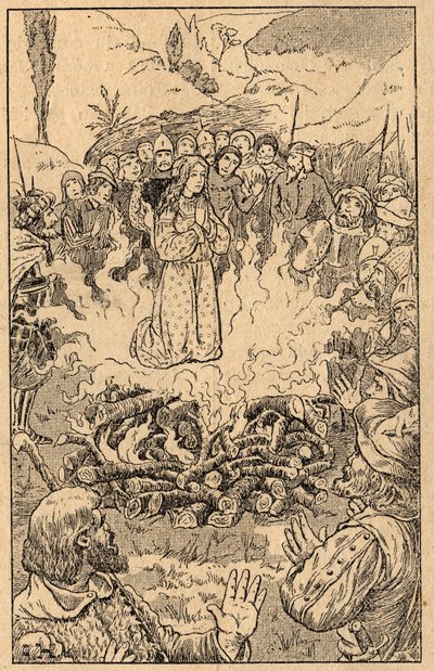 Hun holder seg midt i flammene... Den hellige rose av Viterbo (Rosa da Viterbo) (1233-1252). Gravering fra slutten av 1800-tallet. Privat samling. av Unknown artist