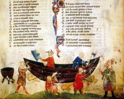 Skipsbygging og fuging på 1200-tallet. Miniatyr av "Roman de Troy"" av Benoit de Saint Maure. Biblioteca Marciana fra 1300-tallet, Venezia av Unknown artist