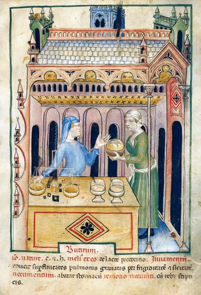 Butikk med smørbrød og to kvinner, illustrasjon fra Tacuinum sanitatis, opplyst manuskript, latinsk gjenutgivelse av et arabisk verk fra 1000-tallet av Unknown artist