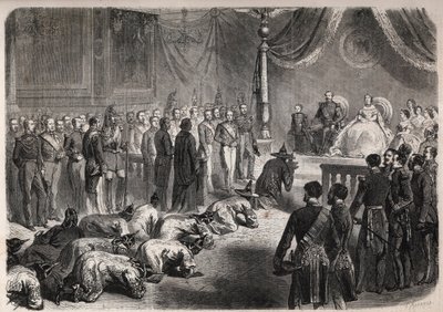 Siam-ambassadører kryper mot den franske imperiale familien under en høytidelig audiens i Fontainebleau i nærvær av Napoleon III (1808-1873), Eugenie (Eugenia de Montijo) av Unknown artist