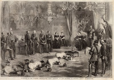 Siam-ambassadører krøp til dronning Victoria Iere (1819-1901) og prins Albert (1819-1861) under deres besøk på Windsor Castle. Gravering i "" The illustrated London News "" av 5. desember 1857. av Unknown artist