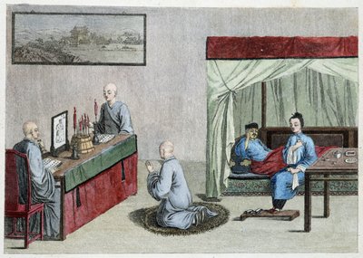 Syk mann i sengen og bønn av munker - Kina av Unknown artist