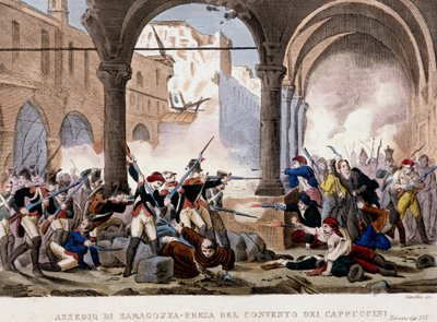 Beleiring av Zaragoza (Zaragoza) og Kapusinerklosteret i 1808. Fargegravering av perioden. Milan av Unknown artist