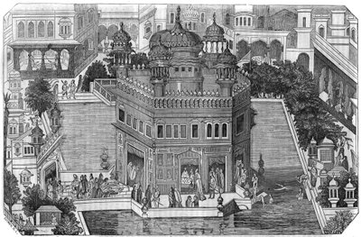 Sikhisme: utsikt over Det gylne tempel (Harmandir Sahib), det kulturelle sentrum for sikh-religionen, bassenget og byen Amritsar i delstaten Indian Panjab (Kingdom of Lahore). I "" Den pittoreske butikken"" 1836 av Unknown artist
