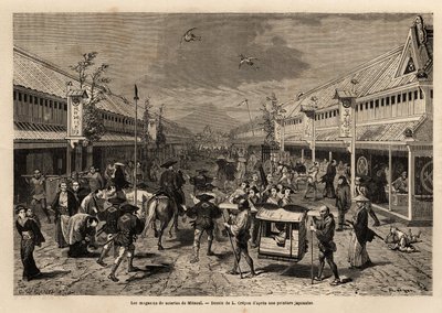 Silkebutikker i Mitsoui, Yedo (eller Edo, dagens Tokyo), livlige, og i bakgrunnen silhuetten av Fuji-fjellet. Gravering for å illustrere reisen til Japan, i 1863-1864, av Aime Humbert, minister for det sveitsiske konføderasjonen, i "Le tour du monde, nou av Unknown artist