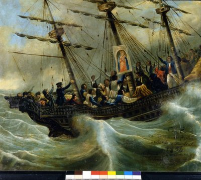 Senking av et sveitsisk emigrantskip. Ex voto fra 1856 fra helligdommen til Madonna del Sasso i Locarno. Maleri tilskrevet Giovanni Antonio Vanoni. av Unknown artist