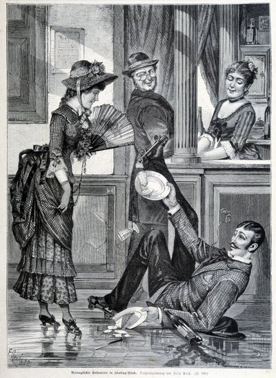 Skøytescene i et bryggeri. En gutt faller og knuser platene han hadde på seg (1883). av Unknown artist
