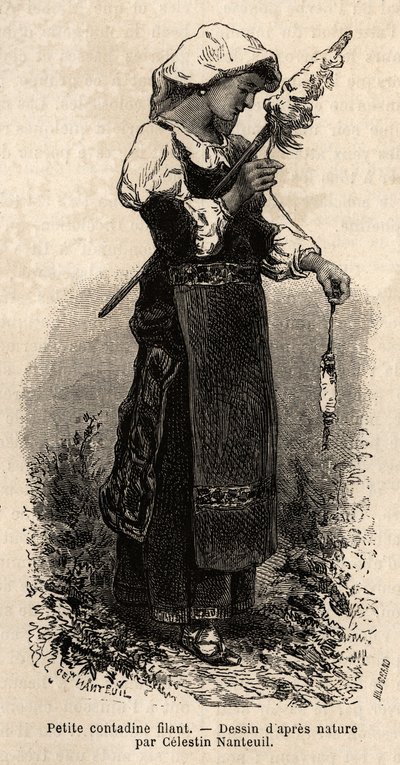 Liten contadin (bonde) fra omgivelsene til Roma, spinner ull med sin spindel. Gravering for å illustrere reisen til Roma, av Francis Wey, i 1864-1870, publisert i "Le tour du monde"" 1870-1871, redigert av Edouard Charton, utgave Hachette, Pari av Unknown artist