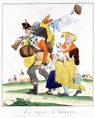 Engelsk soldat fra kampanjene mot Napoleon flau av sin kone og barn - i "" Musée de la caricature"" av E. Jaime, red. Delloye, Paris av Unknown artist