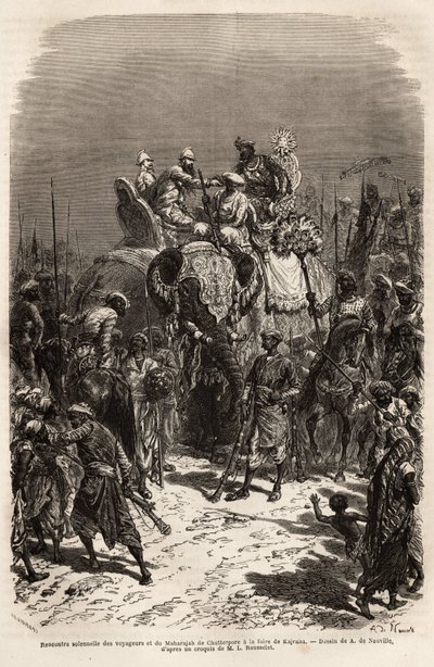 Høytidelig møte og håndholdt på ryggen til en elefant, mellom teamet av reisende og Maharajah of Chutterpore, på messen i Kajraha. Gravering for å illustrere reise i India av Rajahs, av Louis Rousselet, i 1864-1868, publisert i "" Le av Unknown artist