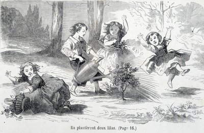 Sophie og vennene hennes planter syrin - i "The misfortunes of Sophie"" av grevinnen av Ségur, Hachette av Unknown artist