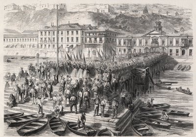 Søramerikansk Hispano-krig mellom Chile og Spania, september 1865: damene i Valparaiso, i nærvær av den spanske skvadronen som blokkerer havnen, synger patriotiske salmer - gravering i "" The Illustrous World" av Unknown artist