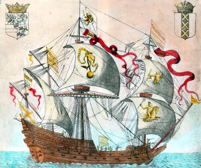 Spansk skip fra 1500-tallet. gravering fra 1500-tallet. BN, Paris. av Unknown artist