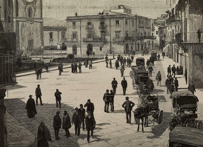 Torget og rådhuset i Monreale, opprøret til Fasci Siciliani, Italia, gravering fra et fotografi av E. Interguglielmi fra L#39;Illustrazione Italiana, år XXI, nr. 2, 14. januar av Unknown Artist