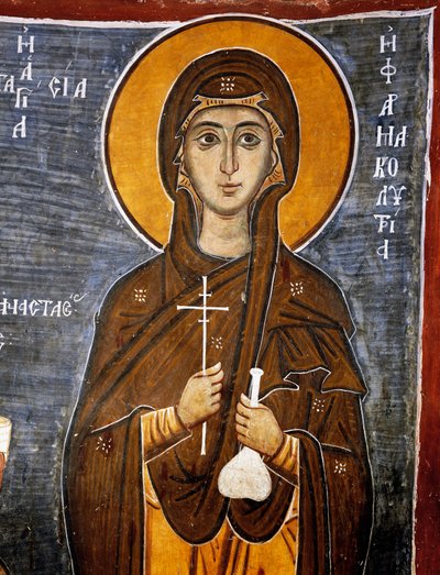 St Anastasia, healer av hester med en flaske med remedier og kors, den bysantinske kirken Vår Frue av Asinou (1100-tallet) (Unescos verdensarvliste, 2001), Troodos-fjellene, Kypros, Detalj av Unknown artist