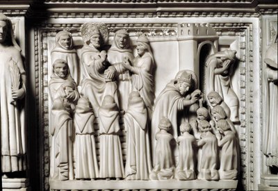 St Augustine ark med relikvier av helgenen, detalj av relieff som viser disputasen og dåpen av St Augustine. Marmor skulptur av Unknown artist