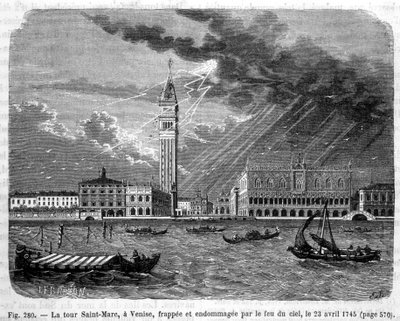 Markustårnet i Venezia truffet og skadet av himmelens brann 23. april 1745 - i "" Vitenskapens underverk"" av Louis Figuier av Unknown artist
