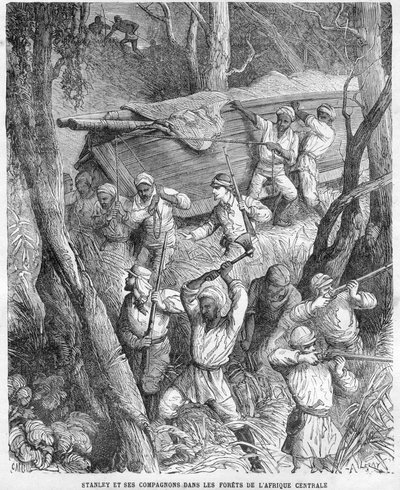 Stanley i Afrika - Stanleys ekspedisjon til Sentral-Afrika 1874-1877: marsjering gjennom jungelen - Tresnitt etter tegning av Horace Castelli (1825-1889). av Unknown artist
