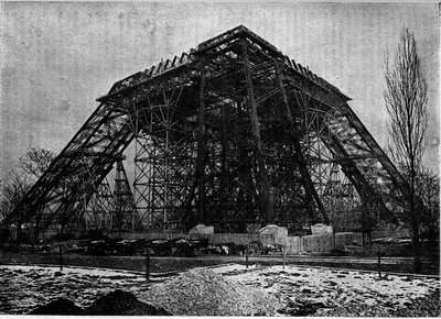 Status for byggingen av Eiffeltårnet i Paris i begynnelsen av mars 1888, Gravering i tidsskriftet "" la jeunesse"" av Unknown artist