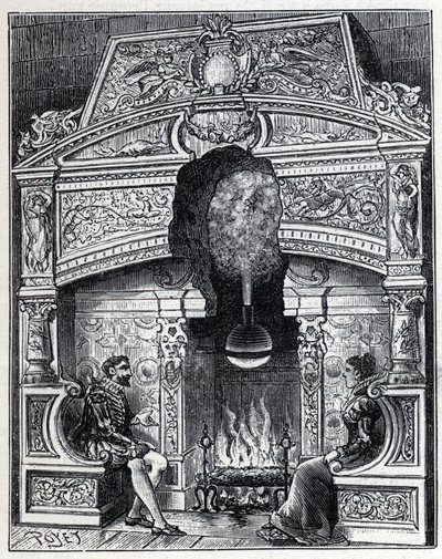 Steam and solar heat: Eolipyl fireplace, steam and reaction machine system originally designed by Heron of Alexandria (80 BC). Engraving in “” La Nature”” av Unknown artist