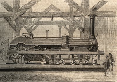 Damplokomotivmodell, Crampton-system ved navn Thomas Russell Crampton (1816-1888). Gravering fra 1856. av Unknown artist