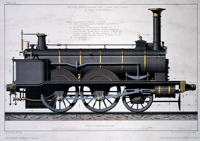 Damplokomotiv av Mulhouse Railway - tegning i vask av Unknown artist