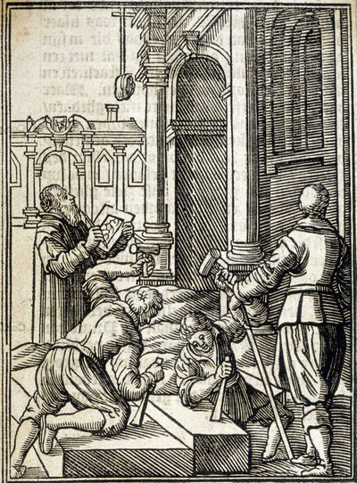Steinskjærere som jobber med byggingen av en katedral - gravering av Unknown artist