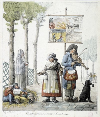Gatemusikere, tiggende barn - litografi av Unknown artist