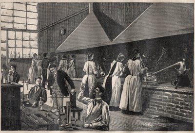 Studenter og professorer i det praktiske laboratoriet ved Conservatoire des Arts et Metiers (Arts-et-Metiers) i Paris av Unknown artist