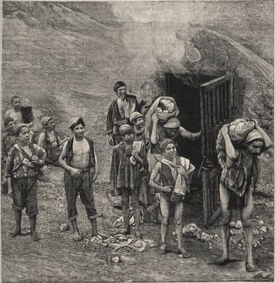 Svovelutvinning (Zolfara) på Sicilia, tegning av Unknown artist
