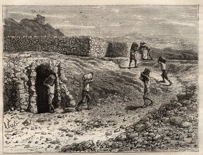 Svovel - En svovelgruve i Girgenti, Sicilia - gravering i 