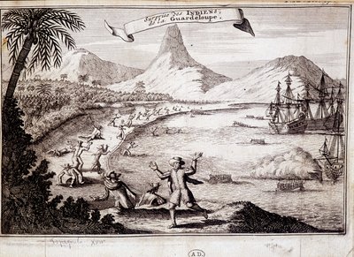 Overraskelse av indianerne ved landingen av Christopher Columbus i Guadeloupe (karaveller) - gravering av Unknown artist