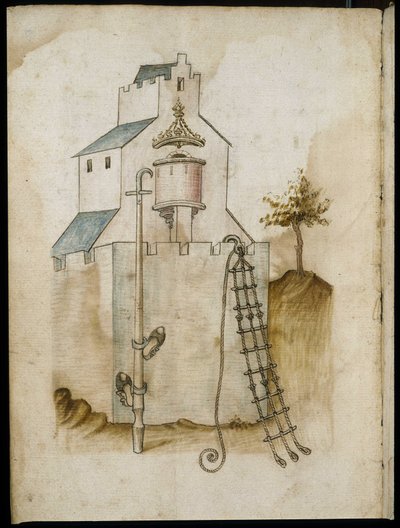 Systemer for å klatre langs vegger - Manuskript: pergamentark av en ingeniørhåndbok for bygging av sivile, religiøse og militære bygninger, anonymt, sent på 1400-tallet (figur med kinesisk blekk) av Unknown artist