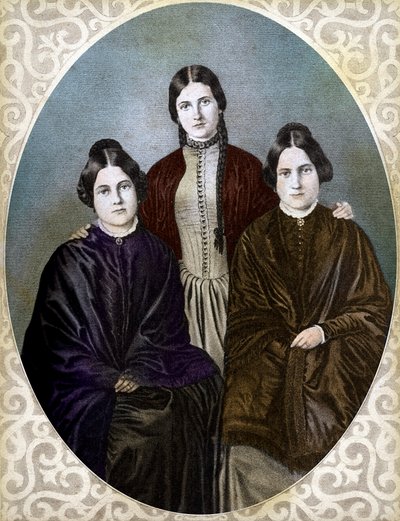 REVESØSTERNE Margaretta, Kate og Leah er pioner-spiritualister (Fox Sisters: fra venstre til høyre: Margaret eller Maggie (1837-1893), Kate (1828-1892) og Leah (1814-1880), pionerer innen spiritualisme og spiritualisme av Unknown artist