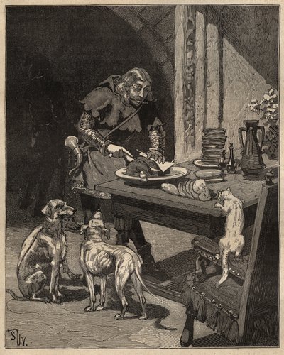 Bordkunst: kutter mat før gaffelen kommer. En mann holder kjøttet med et papirark i den ene hånden og bruker kniven i den andre. Gravering fra 1885 i "" Les arts et metiers illustres"" av Adolphe BITARD. av Unknown artist
