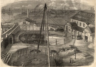 Telegrafi: Den transatlantiske kabelen produsert ved glassfabrikken, Elliot and Company i East Greenwich (England) er klar til å bli levert. Gravering i "" The Illustrated London News"" av 14. mars av Unknown artist