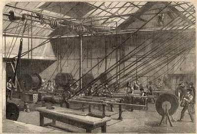 Telegrafi: produksjon av transatlantisk kabel. Maskiner som belegger guttaperka-kabelen i Glass, Elliot and Company-fabrikken på Wharf Road i London, England. Gravering i "" The Illustrated London News"" av 14. mars av Unknown artist