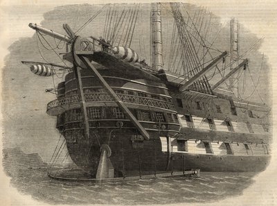 Telegrafi: utsikt over akterenden av skipet H.M.S. "Agamemnon"" som skal legge den første transatlantiske kabelen. Gravering i "" The Illustrated London News"" av 5. juni av Unknown artist